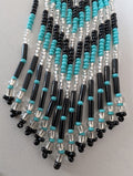 Teal and Black Beaded Chevron Fringe Earrings