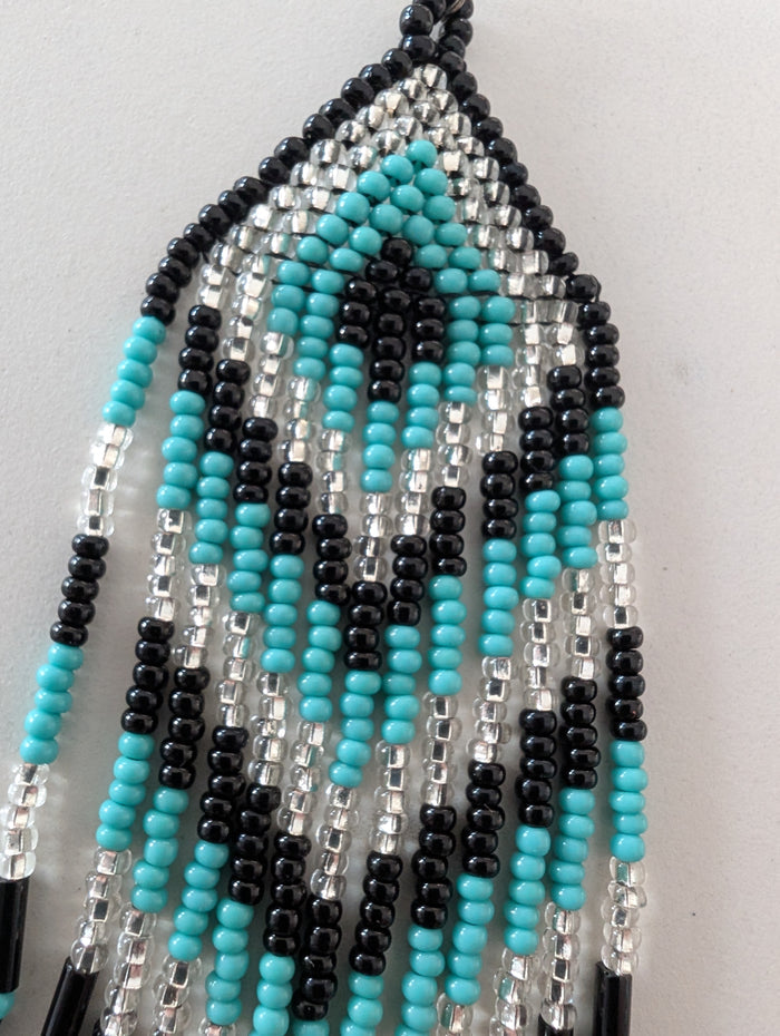 Teal and Black Beaded Chevron Fringe Earrings