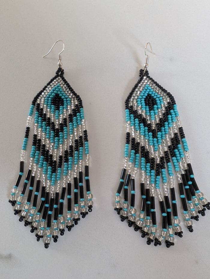 Teal and Black Beaded Chevron Fringe Earrings