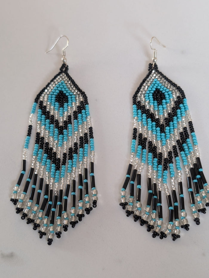 Teal and Black Beaded Chevron Fringe Earrings