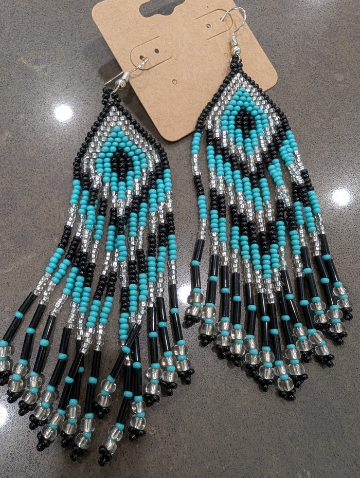 Teal and Black Beaded Chevron Fringe Earrings