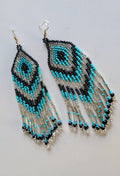 Teal and Silver Beaded Chevron Fringe Earrings indigenous art gift by North of Fifty First Nations & Métis Art Boutique Canada