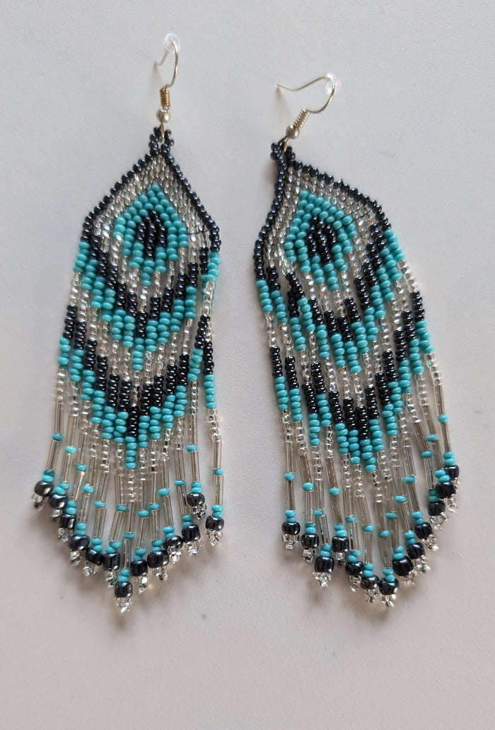Teal and Silver Beaded Chevron Fringe Earrings indigenous art gift by North of Fifty First Nations & Métis Art Boutique Canada