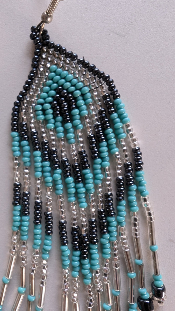 Teal and Silver Beaded Chevron Fringe Earrings indigenous art gift by North of Fifty First Nations & Métis Art Boutique Canada