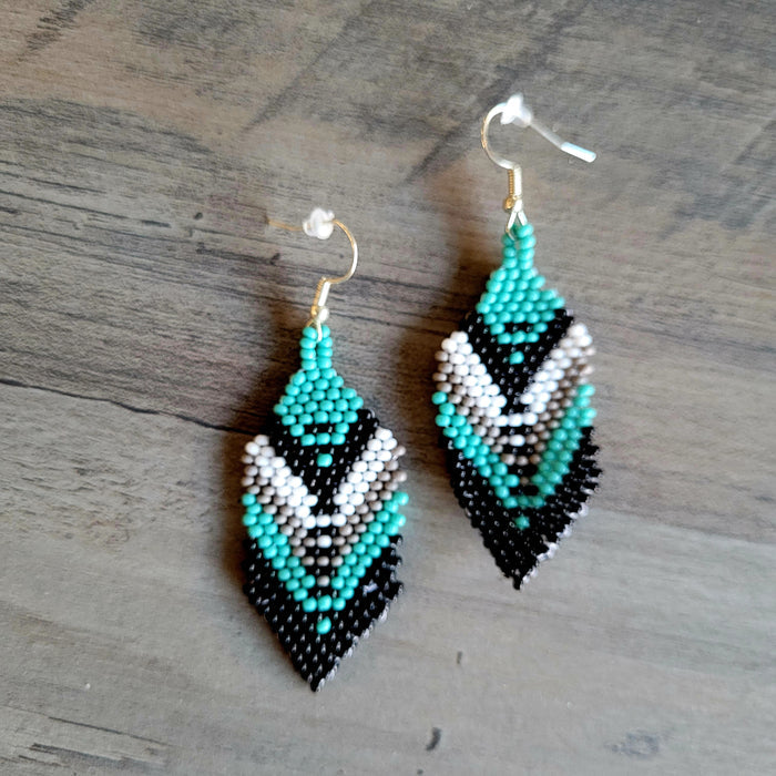Teal black and taupe Beaded Feather Earrings, Indigenous Artisan Jewelry indigenous art gift by North of Fifty First Nations & Métis Art Boutique Canada