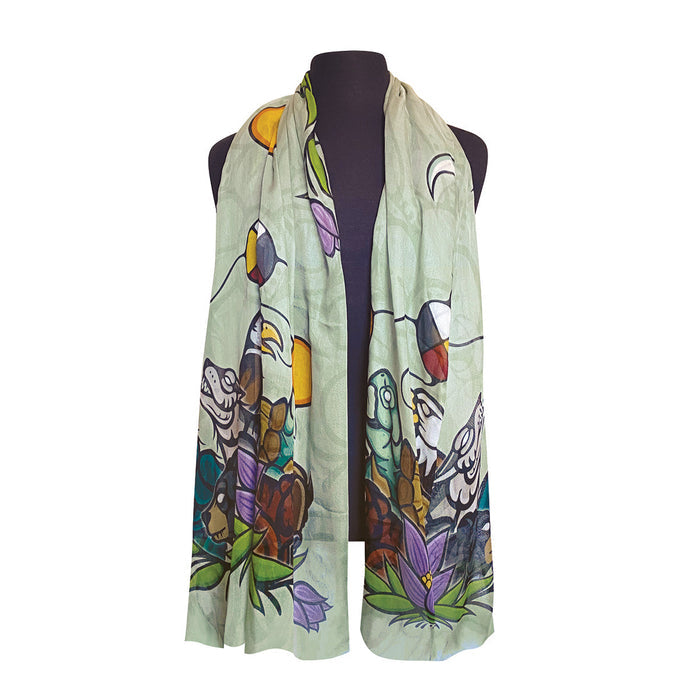 The Seven Teachings by Justine Proulx, Viscose Scarf indigenous art shawl by Justine Proulx Canada