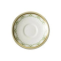 White saucer with gold and green decorative rim on a white background
