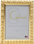 A 5x7 picture frame with an ornate, textured gold leaf pattern border, shown with its white paper insert. The insert features the brand name 'Galassi' in gold script and 'FINE ITALIAN WOOD' in dark gray text.