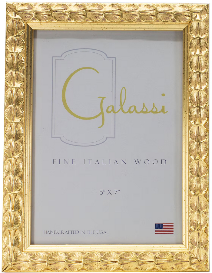 A 5x7 picture frame with an ornate, textured gold leaf pattern border, shown with its white paper insert. The insert features the brand name 'Galassi' in gold script and 'FINE ITALIAN WOOD' in dark gray text.