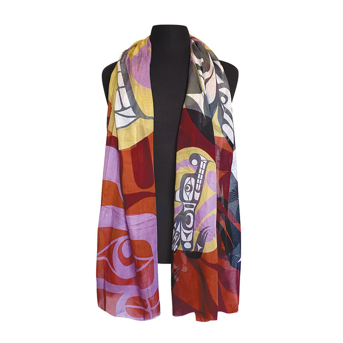 Wolf Moon by Francis Dick, Viscose Scarf indigenous art shawl by Francis Dick Canada