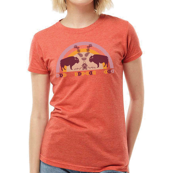 Women's Buffaloes (MashkodeBiizhikina) fitted Tshirt, design by Storm Angeconeb indigenous art gift by Storm Angeconeb Canada