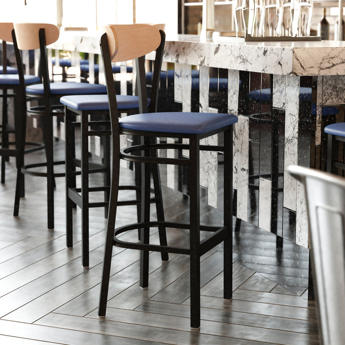Blue Vinyl/Wood Back Barstool