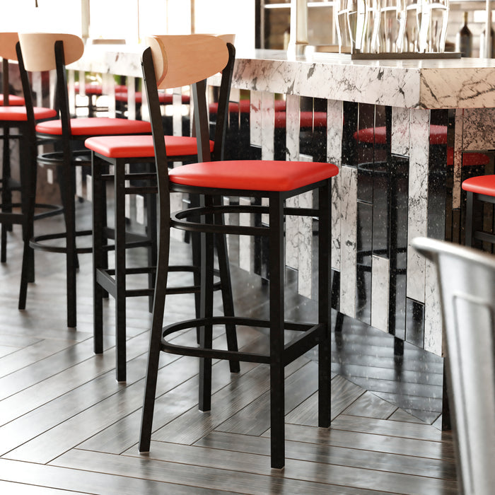 Red Vinyl/Wood Back Barstool
