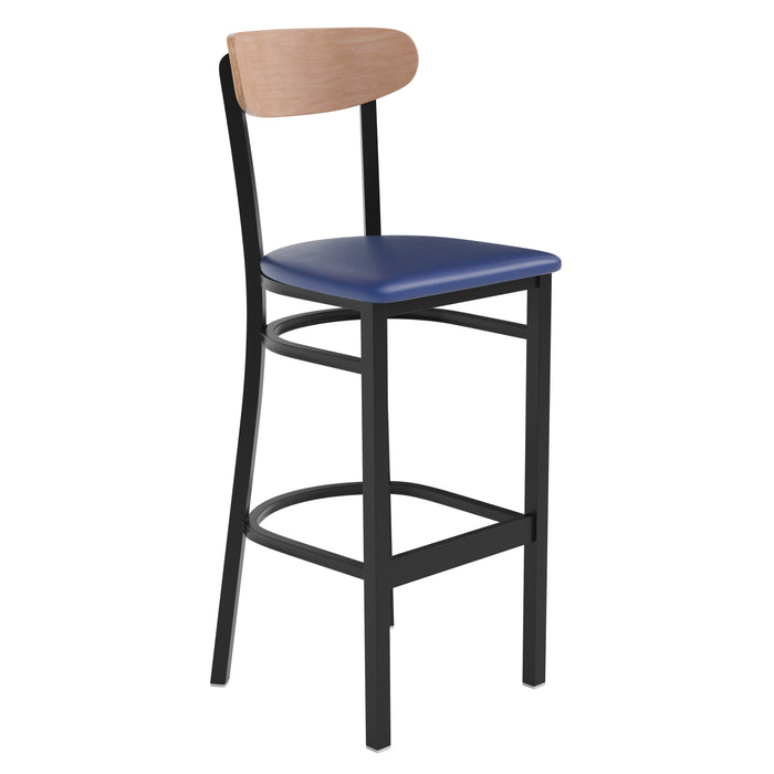 Blue Vinyl/Wood Back Barstool