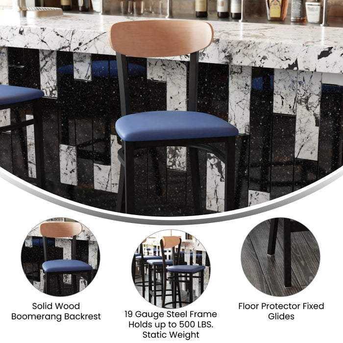 Blue Vinyl/Wood Back Barstool