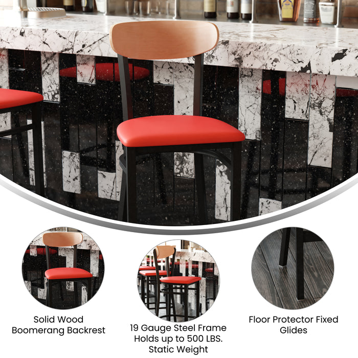 Red Vinyl/Wood Back Barstool
