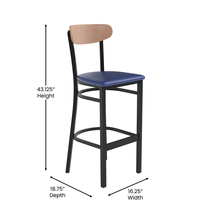 Blue Vinyl/Wood Back Barstool