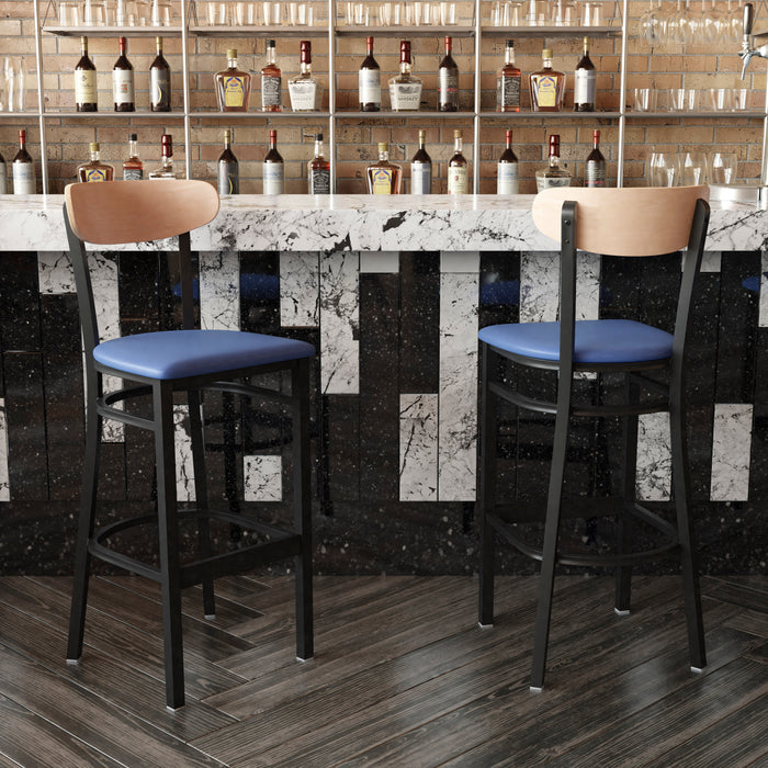 Blue Vinyl/Wood Back Barstool