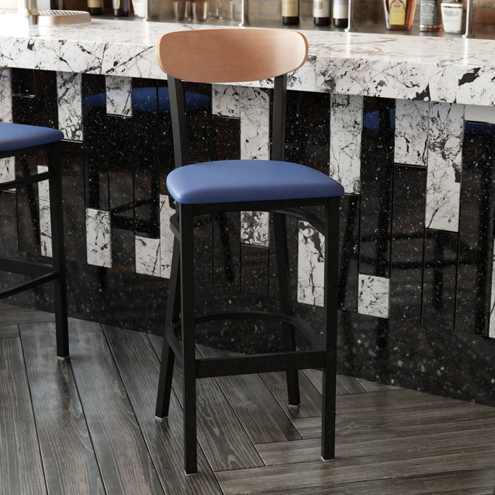 Blue Vinyl/Wood Back Barstool