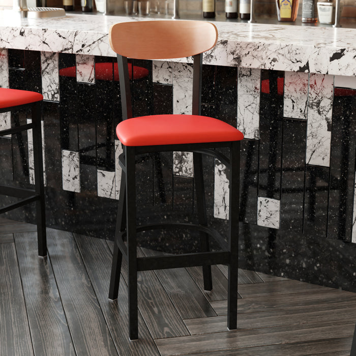 Red Vinyl/Wood Back Barstool
