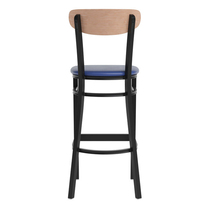 Blue Vinyl/Wood Back Barstool
