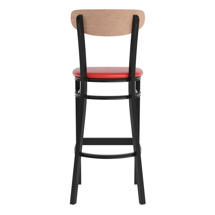 Red Vinyl/Wood Back Barstool
