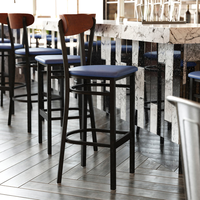 Blue Vinyl/Wood Back Barstool