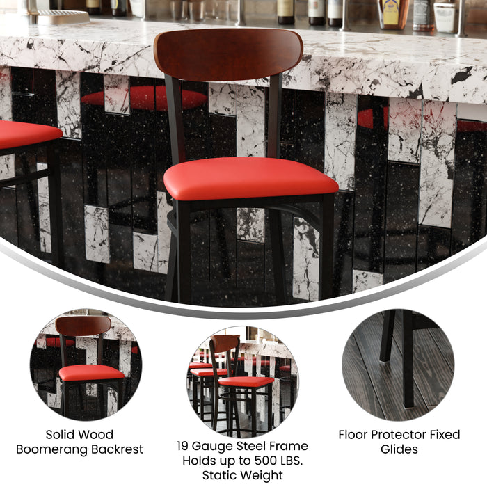 Red Vinyl/Wood Back Barstool