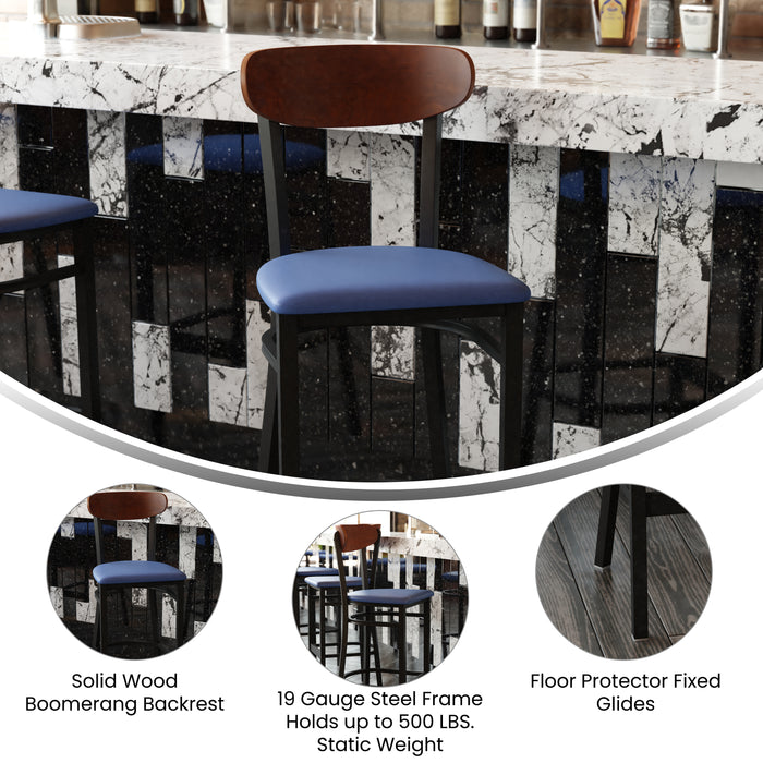Blue Vinyl/Wood Back Barstool