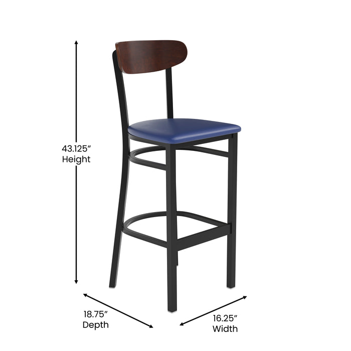 Blue Vinyl/Wood Back Barstool