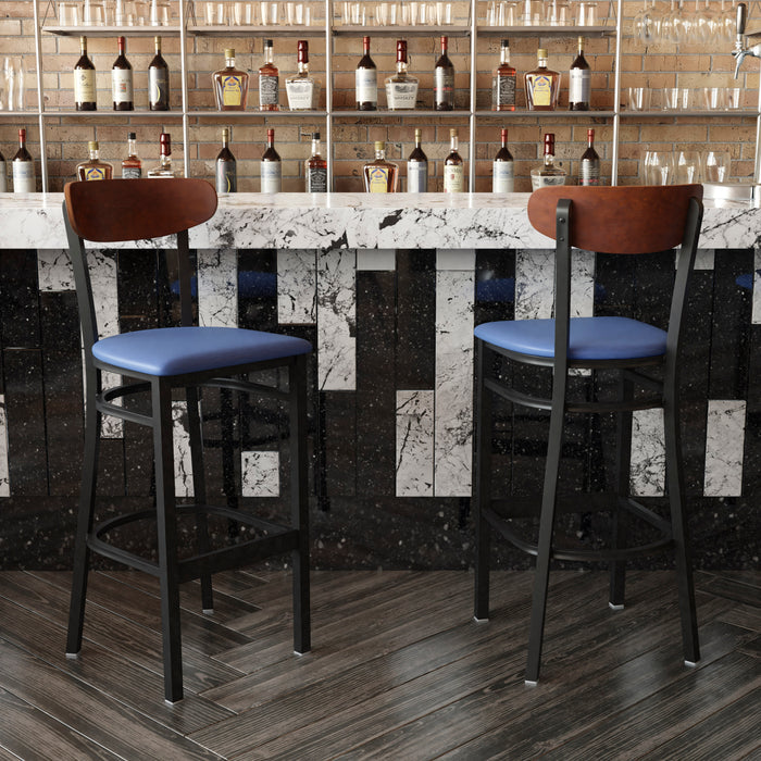 Blue Vinyl/Wood Back Barstool