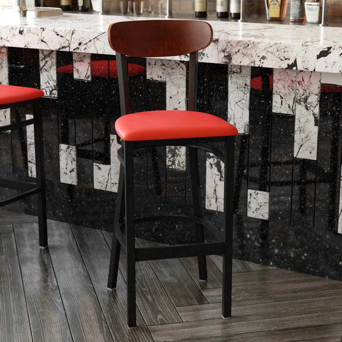 Red Vinyl/Wood Back Barstool
