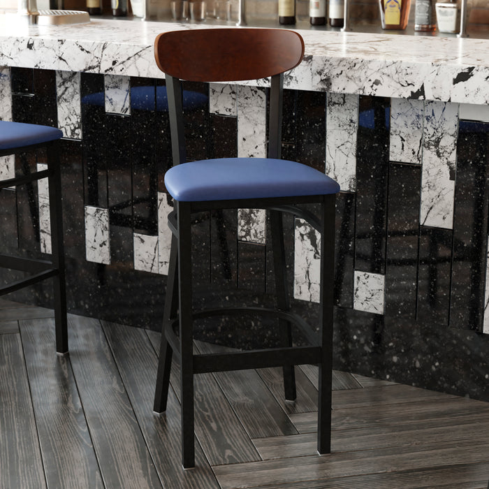 Blue Vinyl/Wood Back Barstool