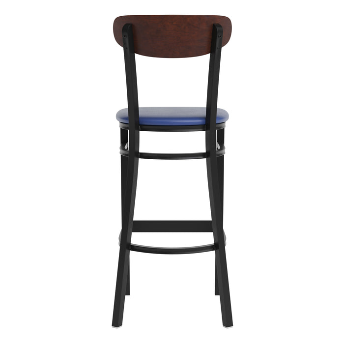 Blue Vinyl/Wood Back Barstool