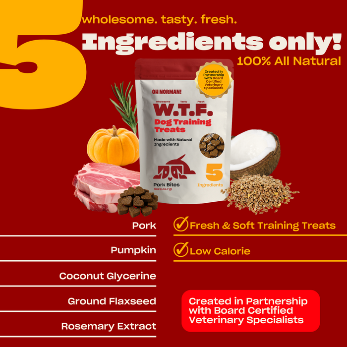 Promotional graphic: WTF Dog Training Treats pouch with headline '5 Ingredients only' and '100% All Natural', highlighting fresh, soft, low-calorie treats