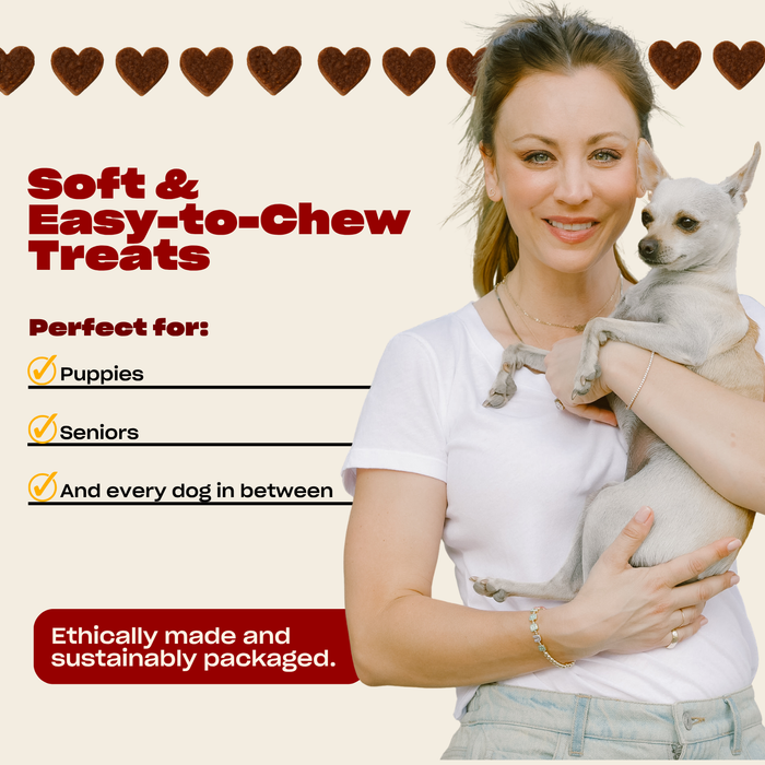 Actress Kaley Cuoco holding a small tan dog with headline 'Soft and Easy-to-Chew Treats' and note 'Perfect for puppies, seniors, and all dogs'