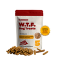 Front view of W.T.F. Dog Treats Free Range Beef Sticks pouch showing red resealable top, "5 Ingredients" badge, vet review seal, and scattered beef stick treats on white background
