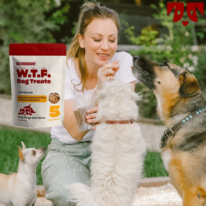Actress Kaley Cuoco giving treats to three eager dogs outside, overlaid pack reading WTF Dog Treats and 5 Ingredients