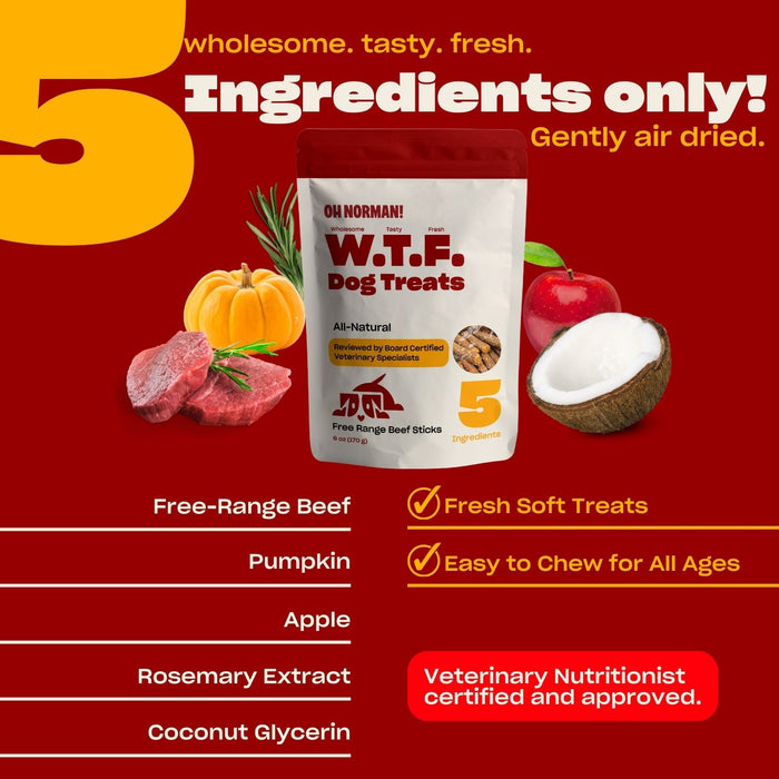 Promotional graphic showing '5 Ingredients only!' headline and W.T.F. Dog Treats bag; lists five ingredients and calls out fresh, soft, easy-to-chew, vet certified