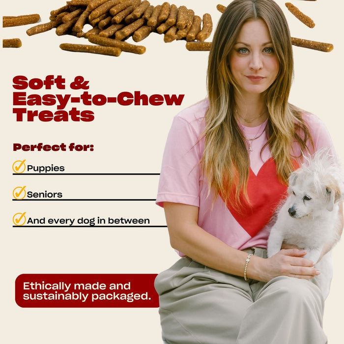 Promotional graphic showing Soft and Easy-to-Chew Treats for puppies, seniors, and all dogs, ethically, sustainably packaged next to picture of actress Kaley Cuoco