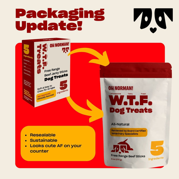 Packaging Update graphic showing old box replaced by new resealable W.T.F. Dog Treats pouch; notes: resealable, sustainable, looks cute